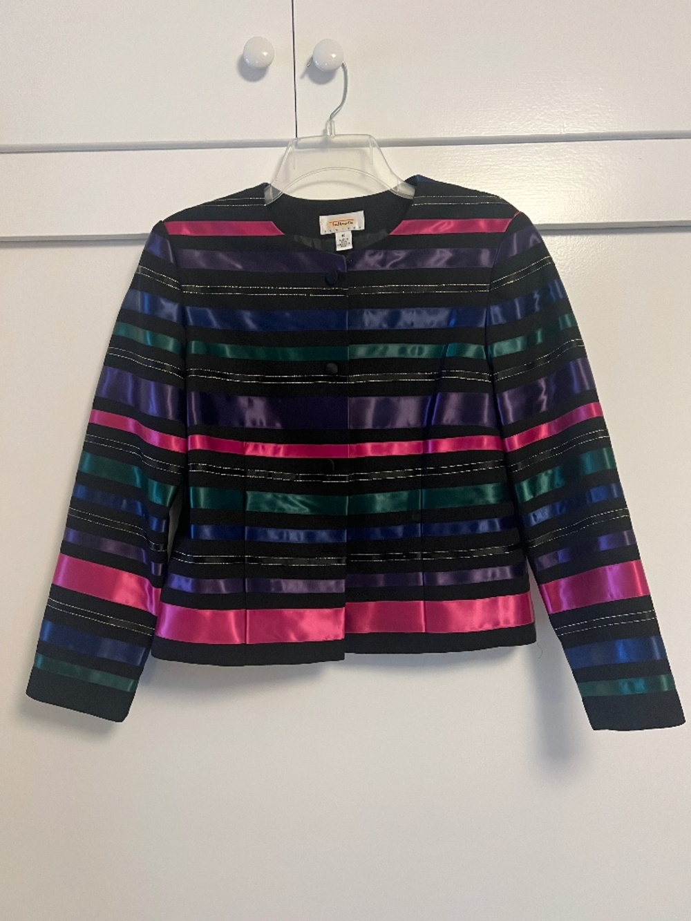 Vintage Talbots Petites Black Multicolor Satin Striped Button Up Jacket 10P